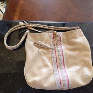 Women's vintage boho Violette Nozieres bag 11"X13", tan and pink leather. Used